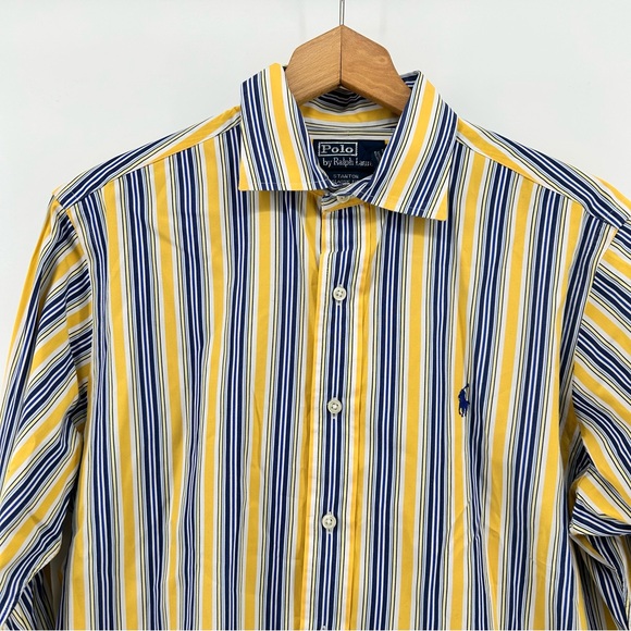 Vtg Polo Ralph Lauren Men's Medium Stanton Yellow Blue Striped Button Down Shirt - Picture 4 of 9